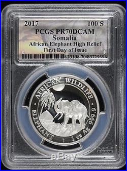PCGS PR70 DCAM 2017 SOMALIA HIGH RELIEF AFRICAN ELEPHANT 100s 1ST DAY OF ISSUE