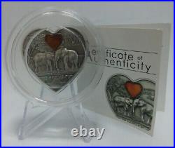 Palau 5 dollars 2013 All for You Elephants Silver UNC heart shaped coin