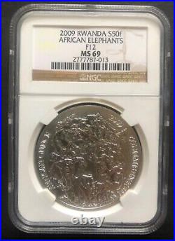 RWANDA ELEPHANT 2009 1 oz Silver Coin African Wildlife Fabulous 12 F12 PRIVY NGC