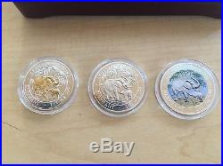 Rare 2007 Somalia Elephant 1 oz SILVER Set (3) Coins BU/Colorized/Gilt