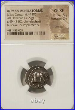 Roman Imperatorial Julius Caesar Denarius Elephant NGC CH XF Ancient Silver Coin