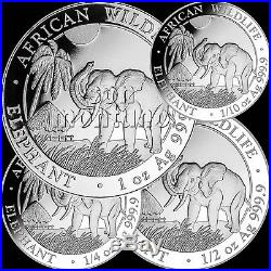 SET OF 4 SILVER COINS 2017 Somalian Elephant 1, 1/2, 1/4, 1/10 Oz + Capsules
