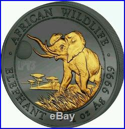 SOMALIAN ELEPHANT GOLDEN ENIGMA 2016 1 oz Silver Coin Ruthenium & Gold Plated