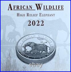 SOMALIA 100 Shillings 2022 High Relief Proof Silver Elephant Coin with Box and COA