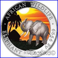 SOMALIA 2017 ELEPHANT 1 Oz SILVER COLOR COLORED MINTAGE 100 PCS BOX & COA v1