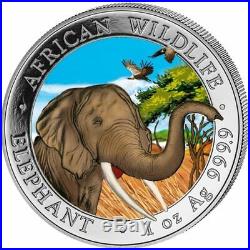 SOMALIA 2018 ELEPHANT 1 Oz SILVER COLOR COLORED MINTAGE 100 PCS BOX & COA v2