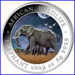 SOMALI SOMALIA 100 SHILLING 2 COIN SET 1 Oz. SILVER ELEPHANT DAY AND NIGHT 2022