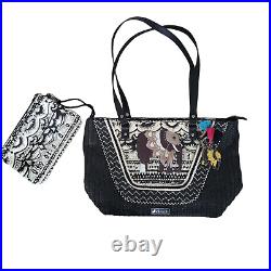 Sakroots straw canvas tote bag & pouch with elephant embroidery black & white
