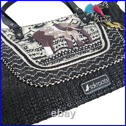 Sakroots straw canvas tote bag & pouch with elephant embroidery black & white