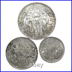 Set 3 Silver Coin Three Head Elephant Thailand Rama VI 1/4, 1/2, 1 Baht