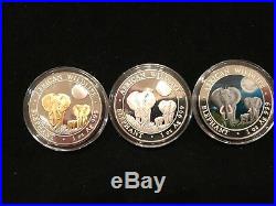 Set Of 3 2014 Somali Elephant, Gilded, Silver And Color 1 Oz. 999 Silver Rounds