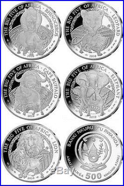 Set silver coin Rwanda 2010, Big five Lion, Leopard, Buffalo, Elephant, Rhinocero