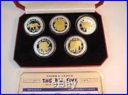 Sierra Leone 2001 Big Five, set of 5 silver coins, $10, Lion Rhino Elephant Leopard