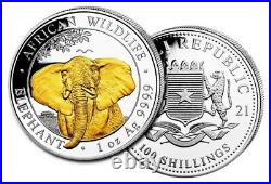Silver Coin African Wildlife, Somalia Elephant 2021 Gold Plated Gildet