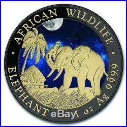 Silver Somalia Elephant 2017 Night Colorized, Gold Gilded& Ruthenium plated Coin