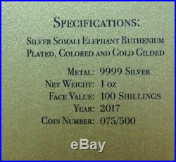 Silver Somalia Elephant 2017 Night Colorized Gold Gilded & Ruthenium plated Coin