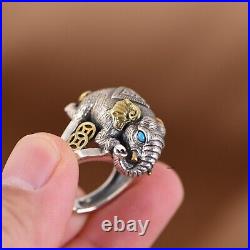 Solid 925 Sterling Silver Band Men Lucky Coin Turquoise Eye Elephant Ring 20.6g