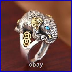 Solid 925 Sterling Silver Band Men Women Coin Turquoise Eye Elephant Ring 20.6g