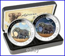 Somali 100 Shilling 2 Coin Set Silver Elephant Day And Night With Baby 2022