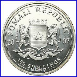 Somalia, 100 Shillings, 2007, Elephant, 1 oz. Of. 999 Fine Silver Coin