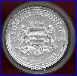 Somalia 2004 1000 shillings 1 Oz 0.999 silver Bu coin, elephant