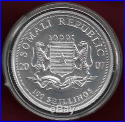 Somalia 2007 100 shillings 1 Oz 0.999 silver Bu coin, elephant