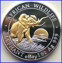 Somalia 2009 Elephant 100 Shillings 1oz Silver Coin, Proof Gold Plated