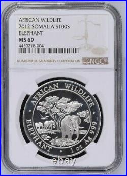 Somalia 2012 100 SHILLINGS Silver Coin African Wildlife Elephant MS69 NGC