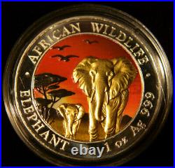 Somalia 2015, Sunset Elephant, 1 oz Silver. 999 Coin, 24 kt. Gilded