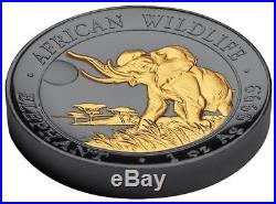 Somalia 2016 GOLDEN ENIGMA Black Ruthenium Elephant 1oz Higf Relief Silver Coin