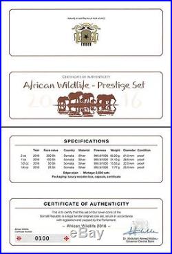 Somalia 25,50,100,200 Shilling, Silver Proof Coin Set, 2016, Mint, Wildlife Elephant