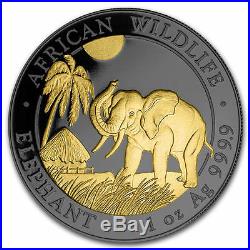 Somalia Elephant 1 oz Silver Coin 2017 Ruthenium plated, Gold Gilded