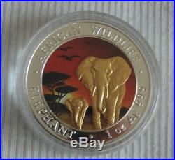 Somalia Sunset Elephant 2015 1 oz silver gold gilded coin & CoA in box Elefant