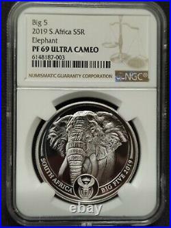 South Africa 2019 Big Five Elephant 5 RAND 1 OZ PROOF Sliver Coin NGC PF69 UC