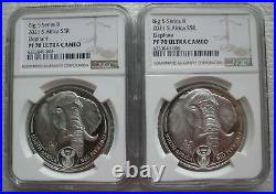 South Africa R5 2021 Silver Proof 1Oz 2Coin Set Big5 Series II Elephant NGC PF70