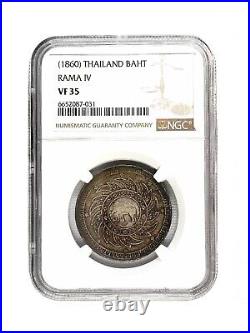 THAILAND ND1860 VF35 Rama IV Baht Elephant Coin