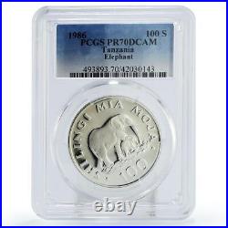 Tanzania 100 shillings Conservation Wildlife Elephant PR70 PCGS silver coin 1986