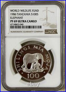 Tanzania 1986 Silver 100 Shilingi Coin Nyerere WWF Elephant NGC Proof PF 69 UC