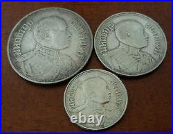 Thailand 1913 1925 Silver 1, 1/2 and 1/4 Baht 3 Coin Elephant Set