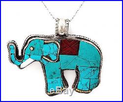 Two Sided Hand Made Tibetan Elephant Pendant Turquoise Coral and Coin Silver