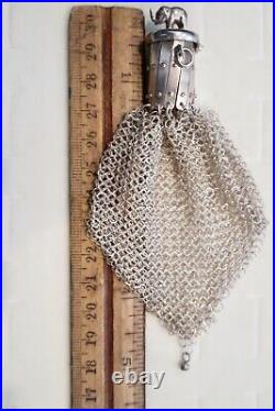 VTG Deco Sterling Silver Mesh Chainmail Expandable Lucky Elephant Coin Bag Purse