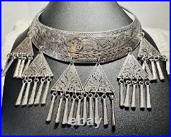 VTG Hmong Miao torque Tribal Elephant silver tone statement dangle necklace