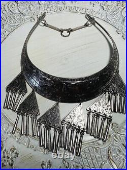 VTG Hmong Miao torque Tribal Elephant silver tone statement dangle necklace