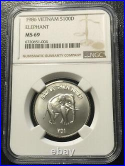 Vietnam 100 Dong 1986 Silver coin NGC MS69 Elephant