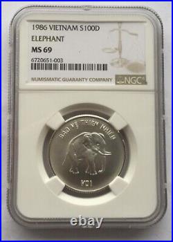 Vietnam 1986 Elephant 100 Dong NGC MS69 Silver Coin, UNC (003)