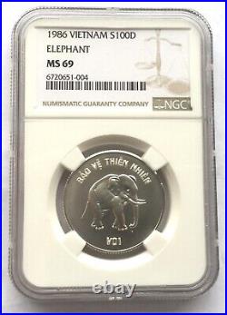 Vietnam 1986 Elephant 100 Dong NGC MS69 Silver Coin, UNC (004)