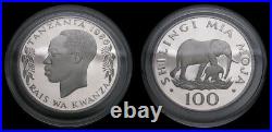 WWF 1986 Tanzania 100 Shilingi Mia Moja. 925 Silver Proof Coin Elephant Capsule