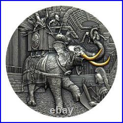War Elephant 2 oz Antique finish Silver Coin 5$ Niue 2022