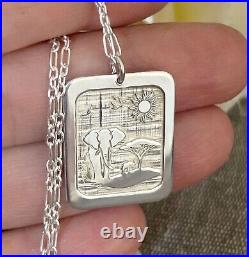 Wildlife African Landscape Necklace Rectangle Pendant Elephant Engraved Charm