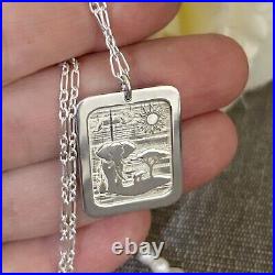 Wildlife African Landscape Necklace Rectangle Pendant Elephant Engraved Charm